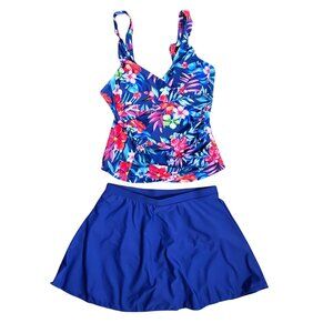 NWOT | Vibrant Floral V-Neck Tankini Top & Navy Blue Swim Skirt Set | Medium